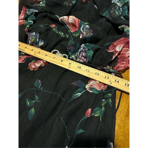 Vintage Blouson Style Black Semi Sheer Layered Floral Dress Rhinestone Size M - Picture 14 of 16